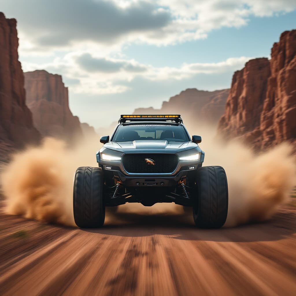 AI generated: photography, sports shooting, dynamic range, dynamic motion with 4x4 jaguar ftype monster truck driv...