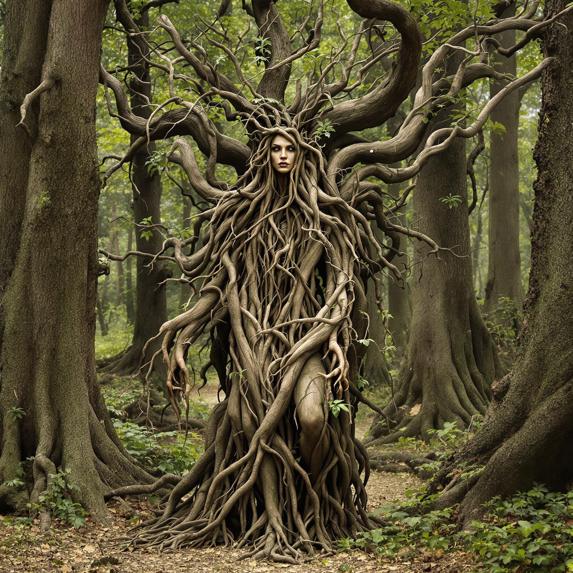 AI generated: An ancient treant druid, her body transforming into a series of interconnected roots and branches th...