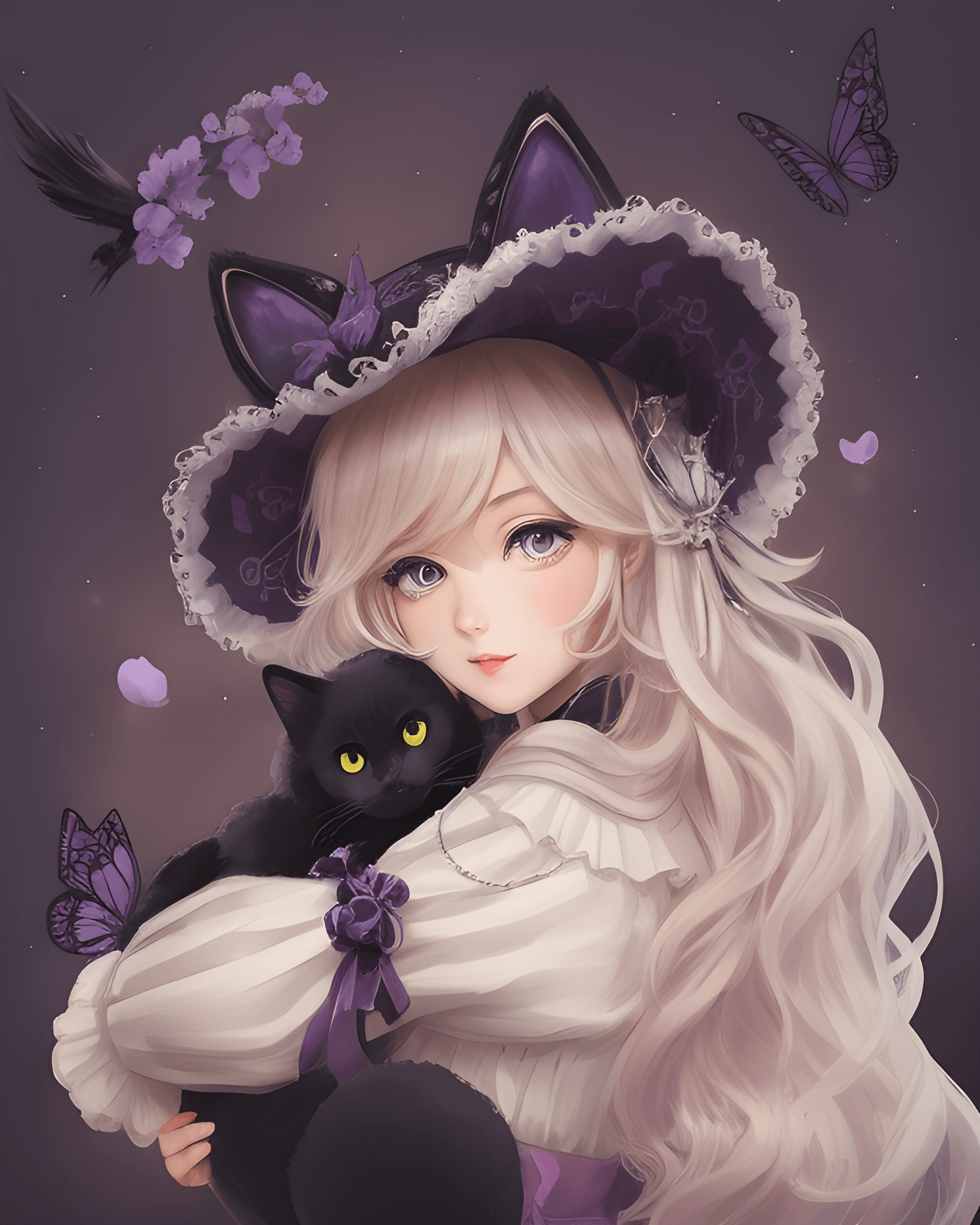 AI generated: a girl in a hat with ears, holding a black cat, an anime drawing, fantasy art, purple eyes and white...