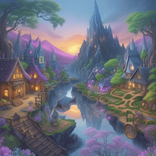 AI generated: A fantasy game for a village whimsical village, hyper detailed, peaceful atmosphere, the central the...