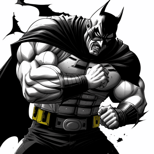 AI generated: Illustration in manga style of  Bane, with his strong muscles and towering height, battling Batman i...