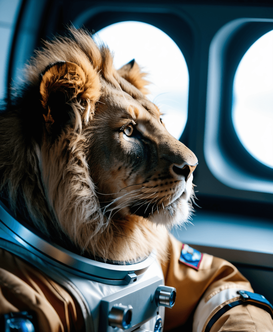 AI generated: cinematic still {Ralistic, ((Masterpiece, best quality)), Cute Lion in astronaut suite space, Ultra-...