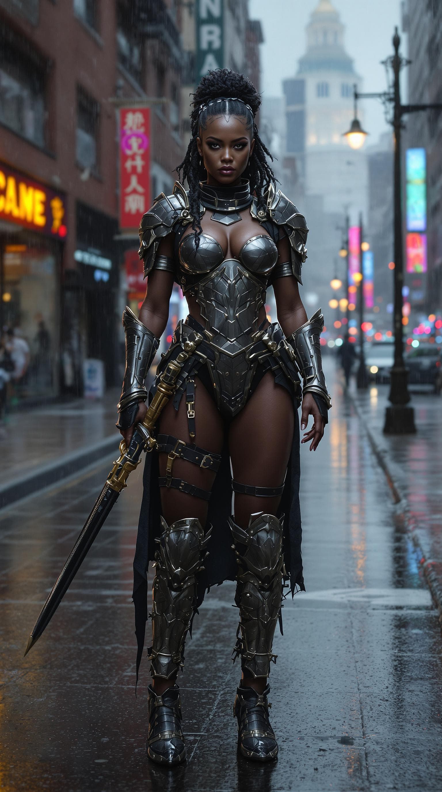 AI generated: African American warrior Princess, wearing battle armor, standing in the rain on an empty NYC street...