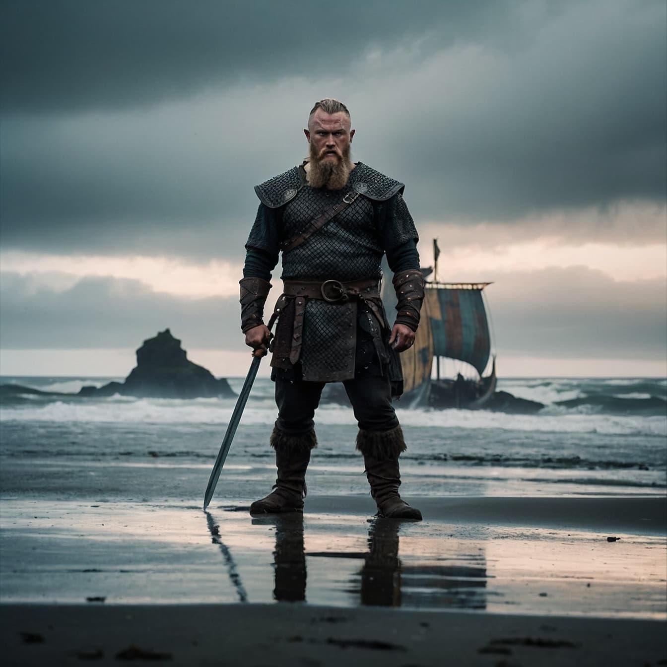 AI generated: Create an epic full body image of the Viking Ragnar Lothbrok,Travis Fimmel , looks angry with a swor...