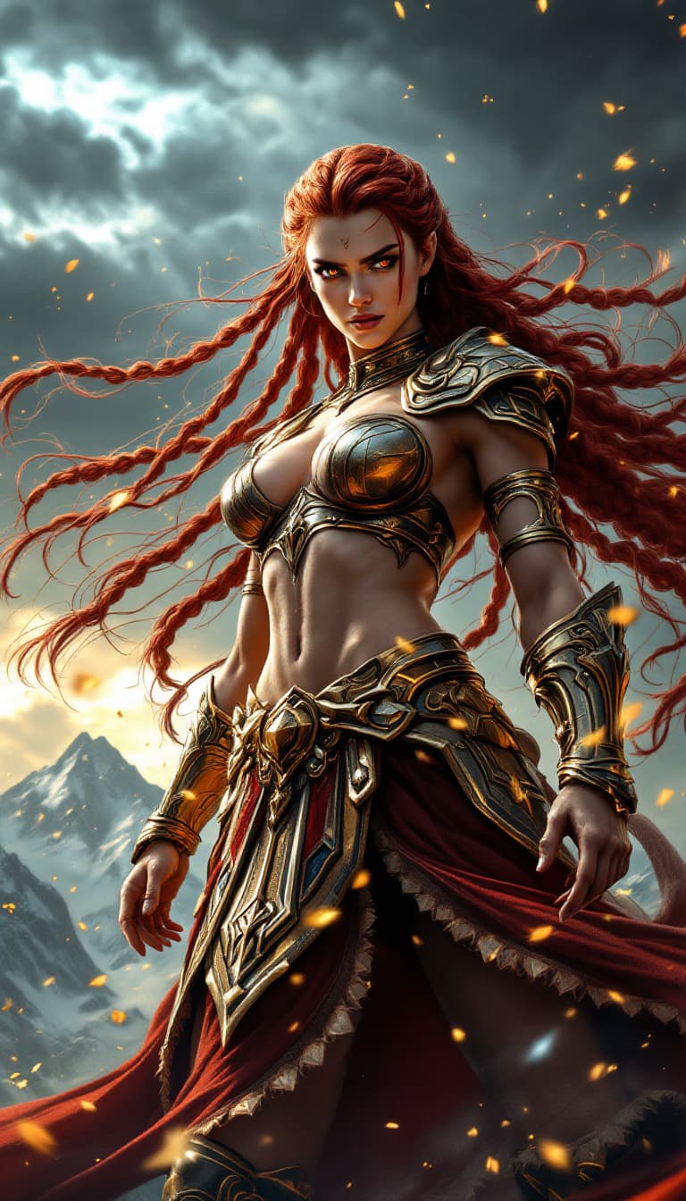 AI generated: Dynamic angle, full-body view, realistic, female valkyrie, long hair, armored, pelvic curtain, God o...