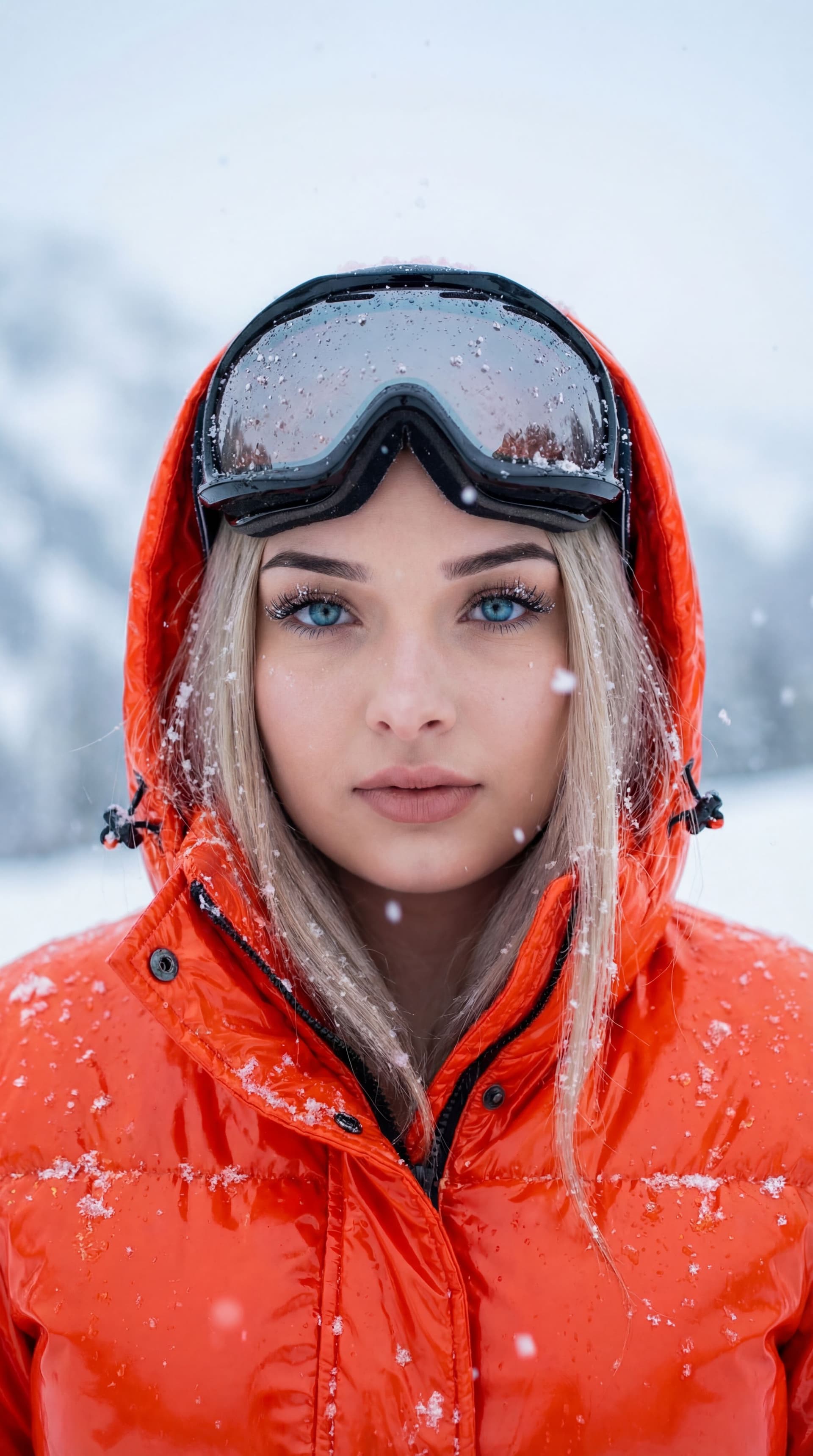 AI generated: Without changing my facial features, create a high-detail portrait of a young woman in a snowy, wint...