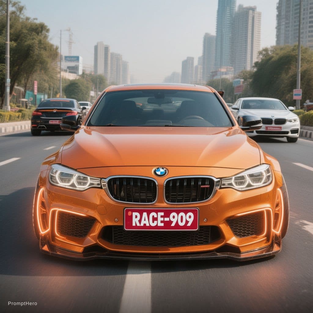 AI generated: “Ultra realistic front BMW shot, black and orange modified style, glowing rims, red plate ‘RACE-909’...
