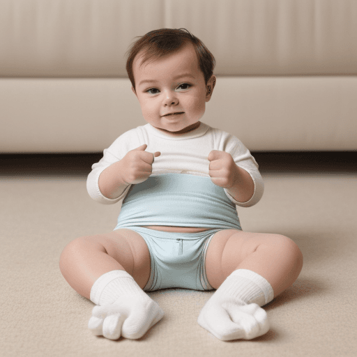 AI generated: A young man wearing a large babyish looking diaper as he socks his thumb