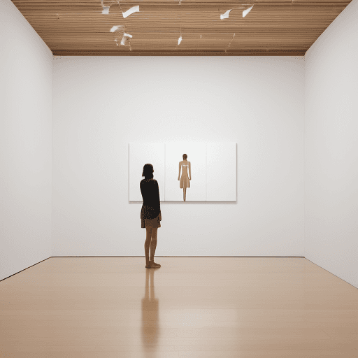 AI generated: Art installation in wood in a white room with a person