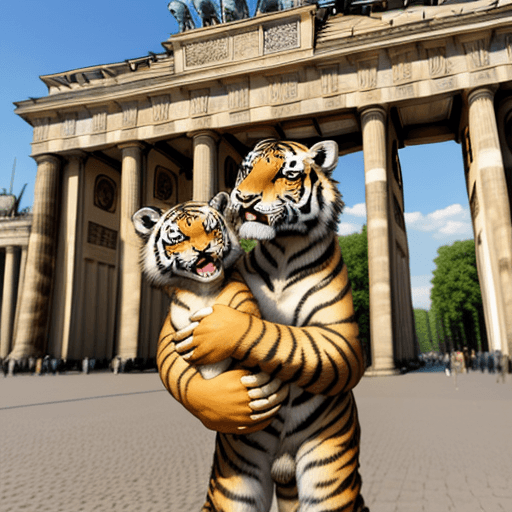 AI generated: big tiger holding baby giraffe in front of Brandenburg Gate in Berlin