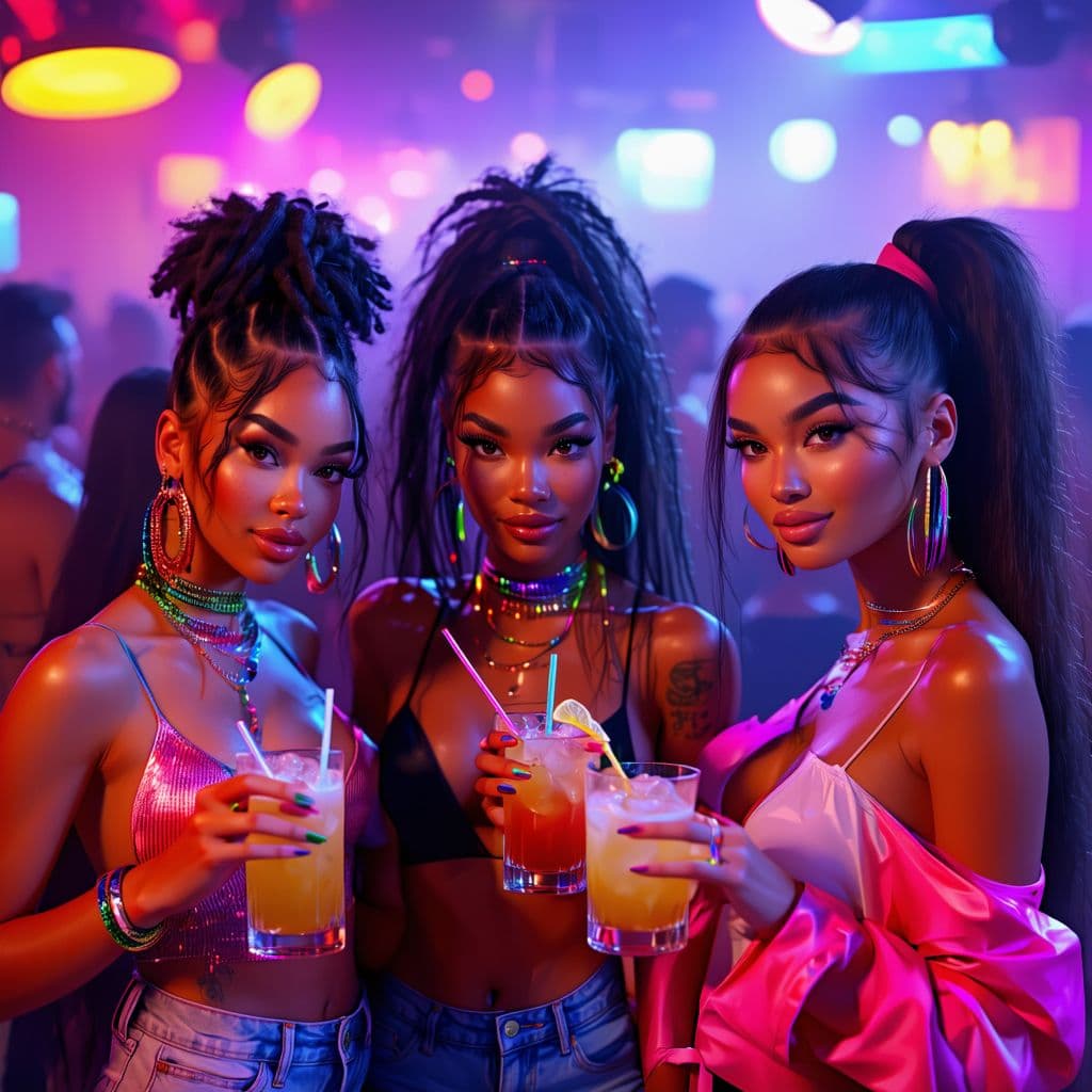 AI generated: 3 very exotic girls, 1 african american , 1 asian mixed with black and 1 hispanic are holding drinks...