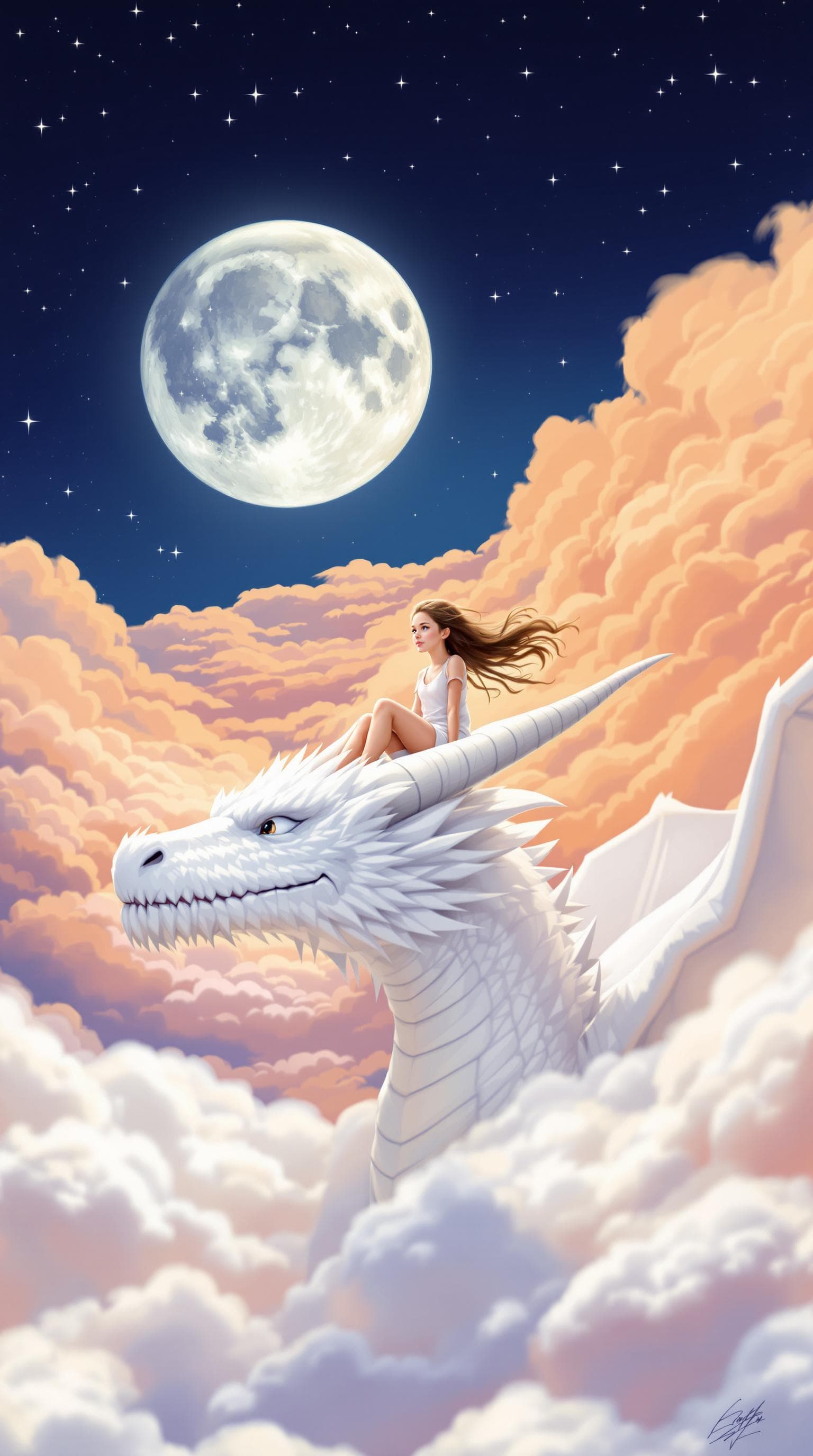 AI generated: A young girl is seated on the head of a white dragon, gripping its horns with both hands. The dragon...