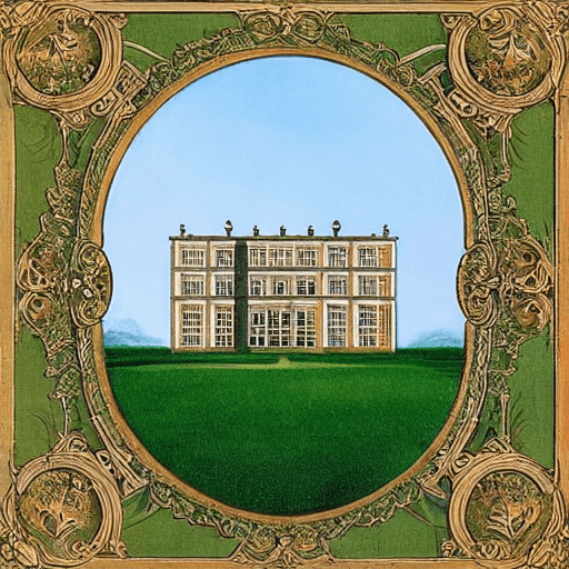 AI generated:  a large building sitting on top of a lush green field, 1 8 th century manor, tally hall, rococo arc...