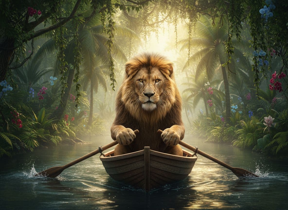 AI generated: great lion rowing in the jungle in all is glory 64k highess quality 