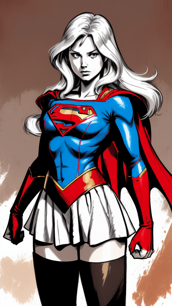 AI generated: a drawing of a supergirl, in the style of adventure pulp, dark white and bronze, mottled, yup'ik art...