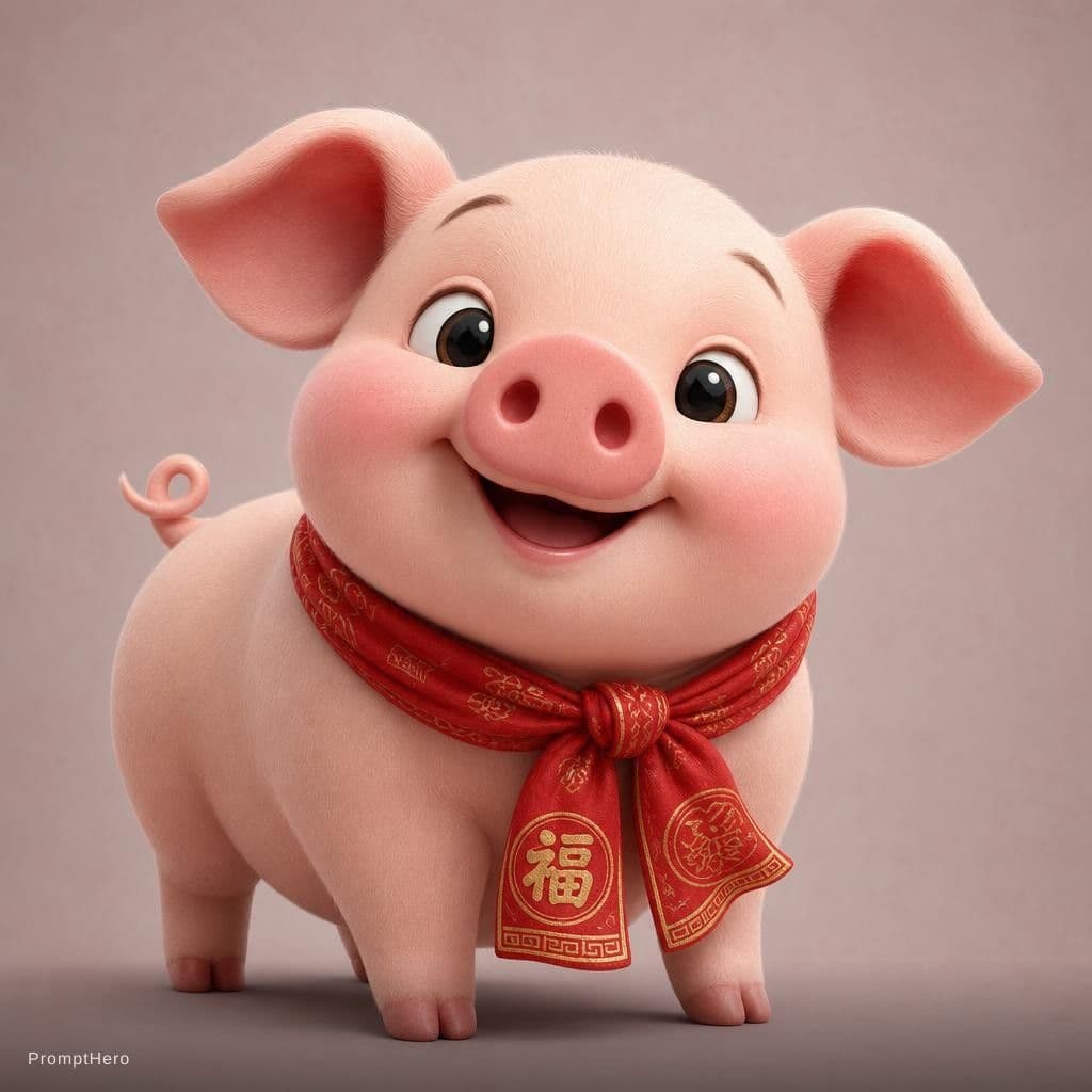 AI generated: A 3D cartoon rendering of the Chinese zodiac animal Pig, cute and chubby, large happy eyes, a round ...