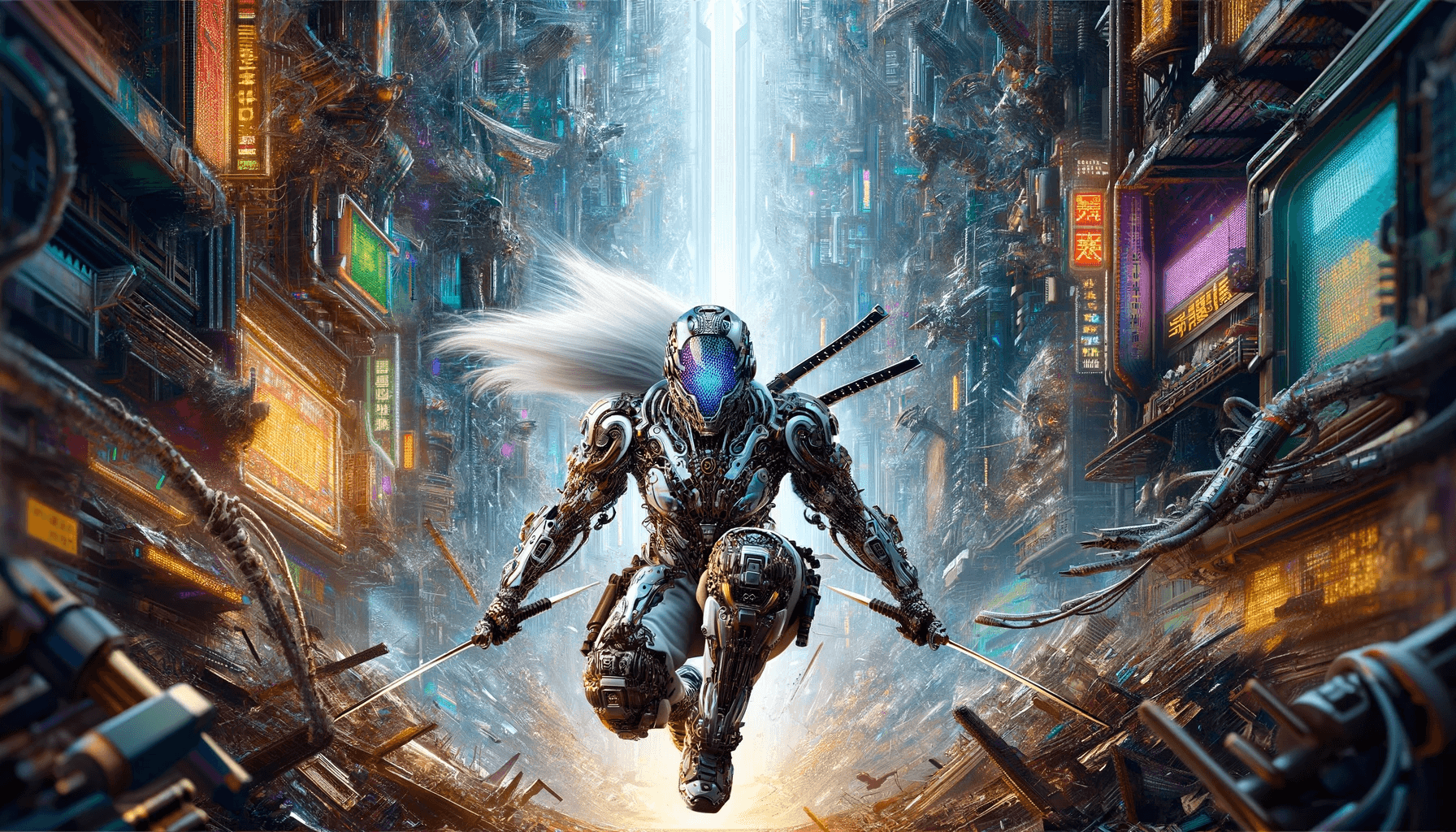 AI generated: Steampunk, cyborg female ninja warrior, glossy armor, full bodysuit, white long hair flying in the a...