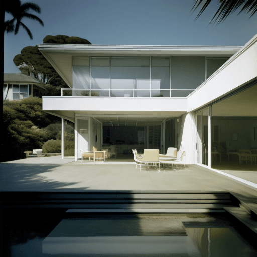 AI generated: Hyper realistic eye level exterior photo of a mid century modern style house overlooking the ocean, ...