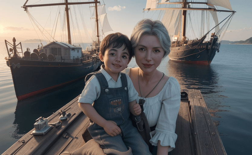 AI generated: Photo of a ultra realistic sailing ship, dramMom and little boy are smiling, repairing a toy, toy tr...