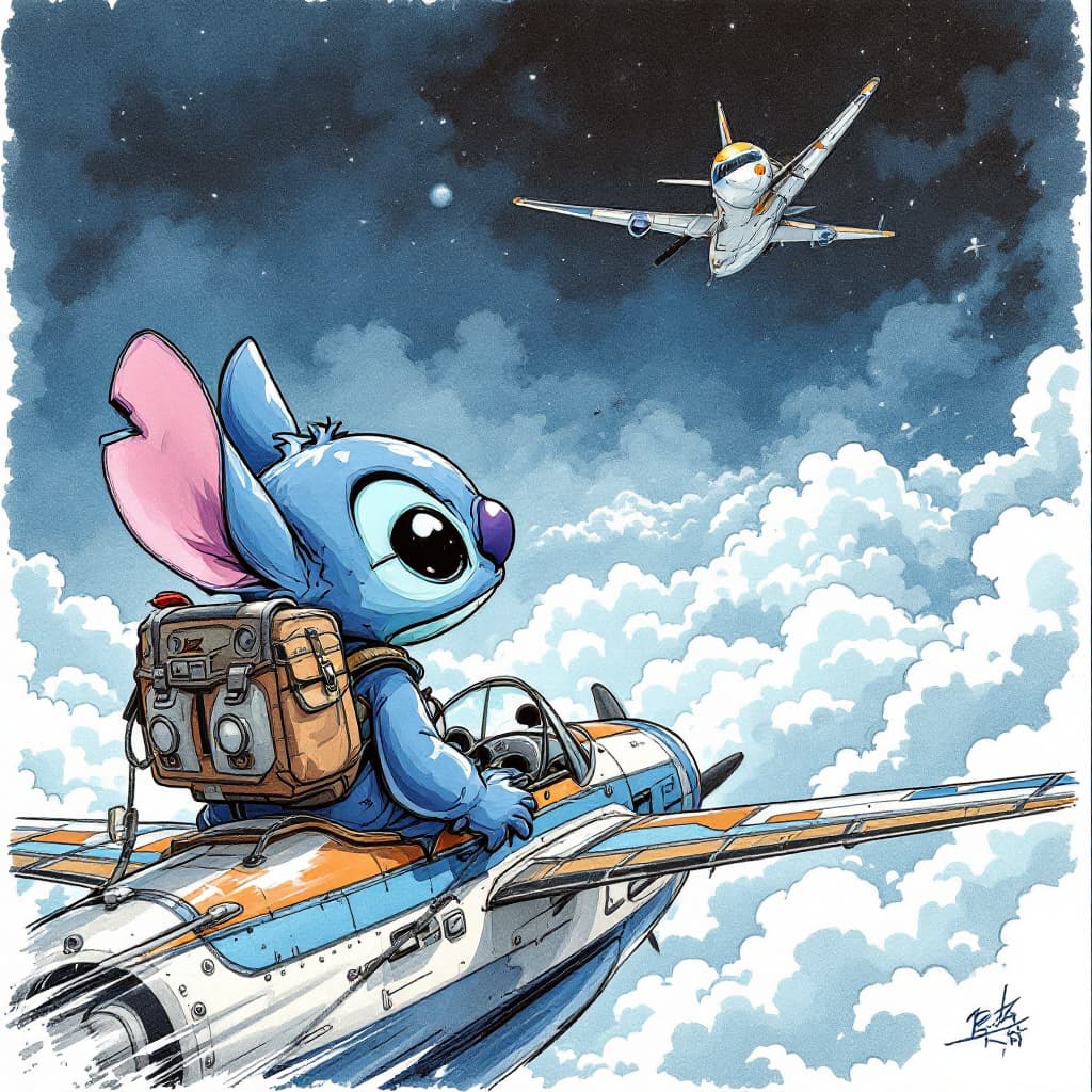 AI generated: Stitch,The action is hilarious,Pen and ink drawings,Fly a plane