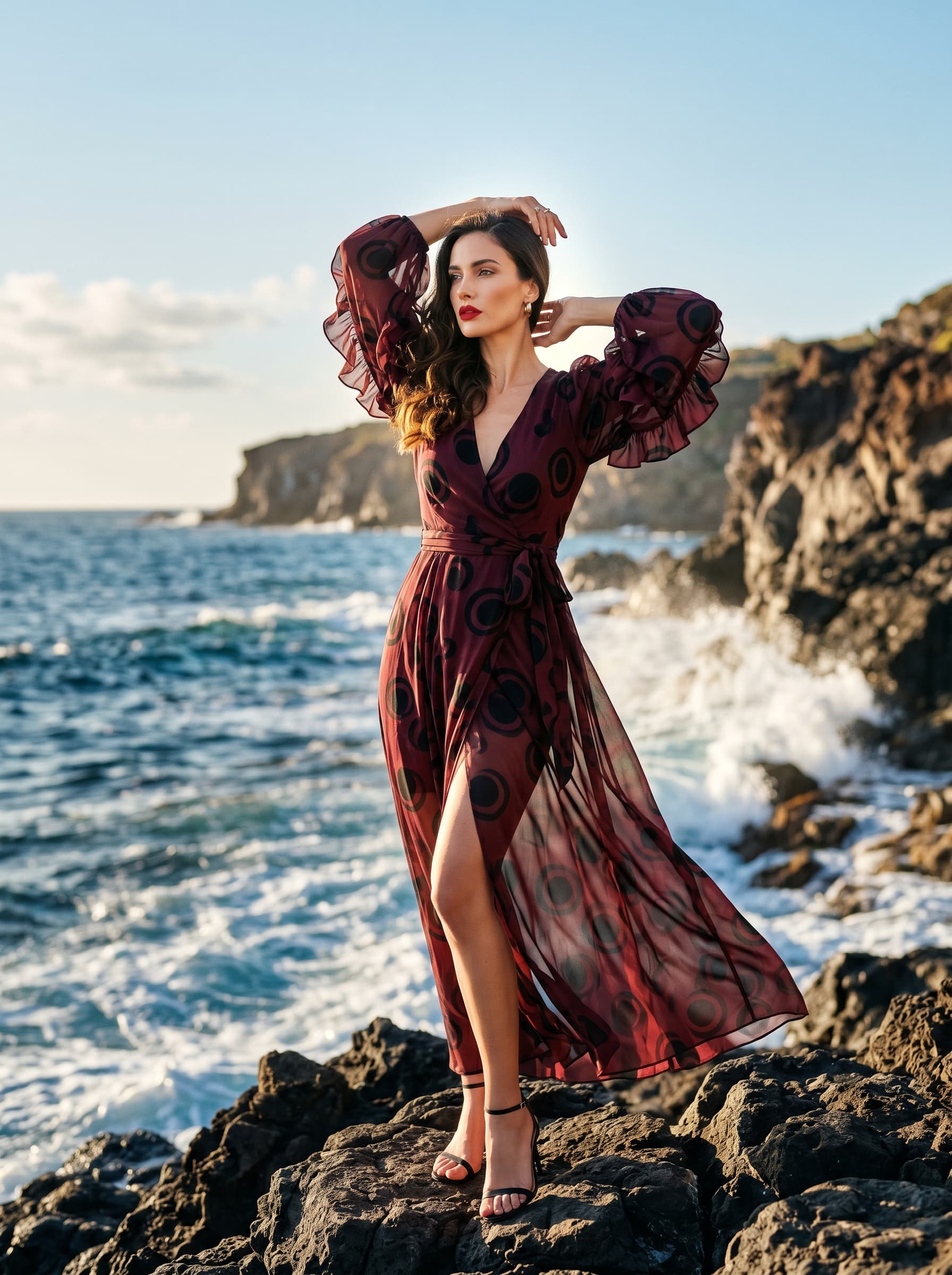 AI generated: (Nano Banana 2) A high-fashion editorial full-body shot of a sophisticated woman posing on a rocky M...