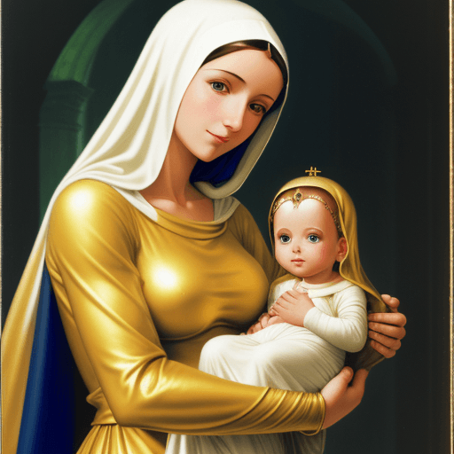 AI generated: the blessed Mother holding baby Jesus in golden radiant
