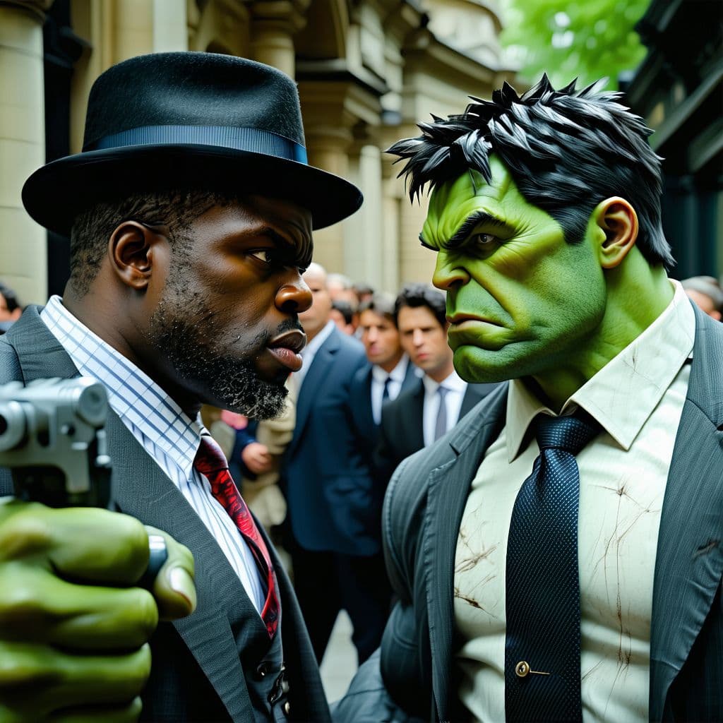 AI generated: london gangsters versus the hulk, hundreds perish, photorealistic