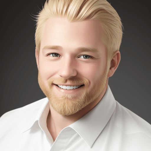 AI generated: Professional headshot of a 35-year old man with blonde hair and short beard, smiling, studio light, ...