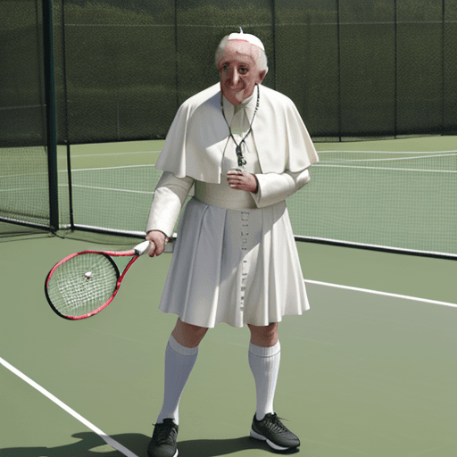 AI generated: Pope Francis playing Tennis wearing a skirt, standing on a tenniscourt
