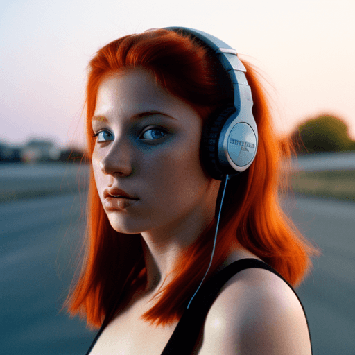 AI generated: 
girl with red hair, sunset light, kodak chrome film, blue eyes, listens to music with headphones