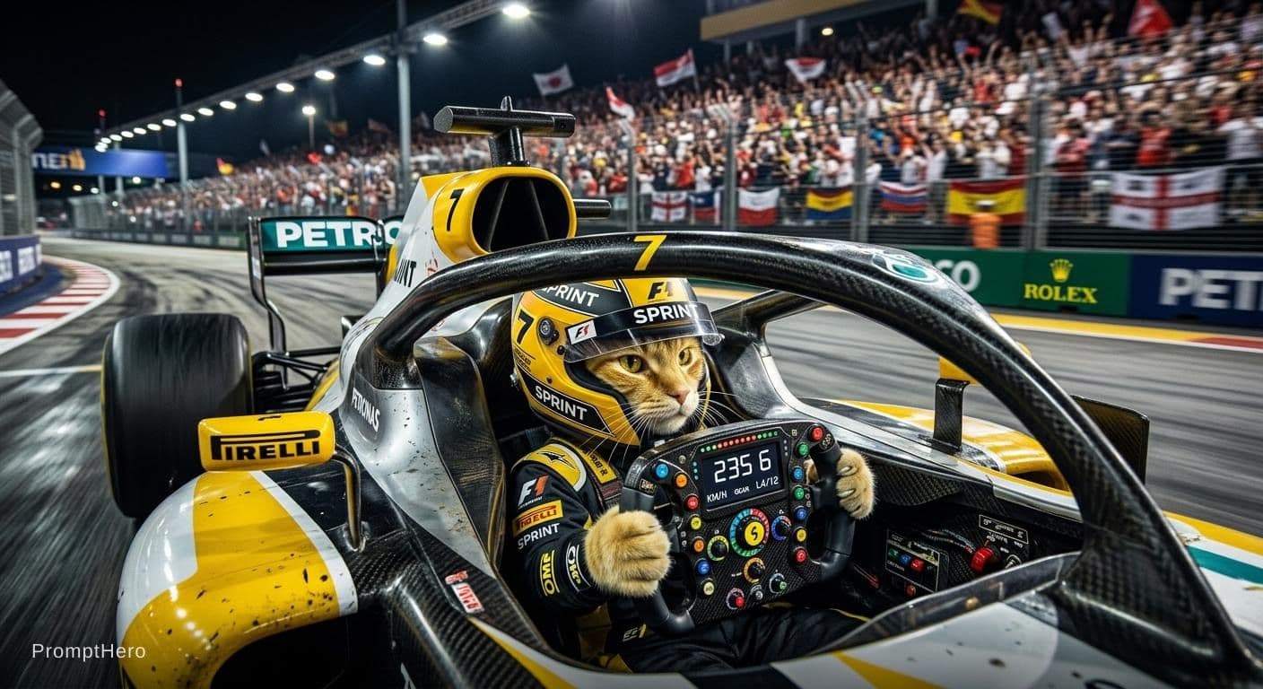 AI generated: A yellow cat, photograph, hyperrealistic style, racing in a Formula One car, close-up, wearing a hel...