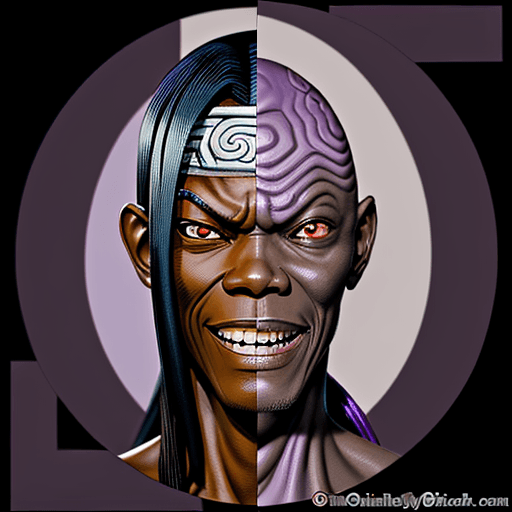 AI generated: Orochimaru from naruto with the face of Samuel L. Jackson smiling. Purple background