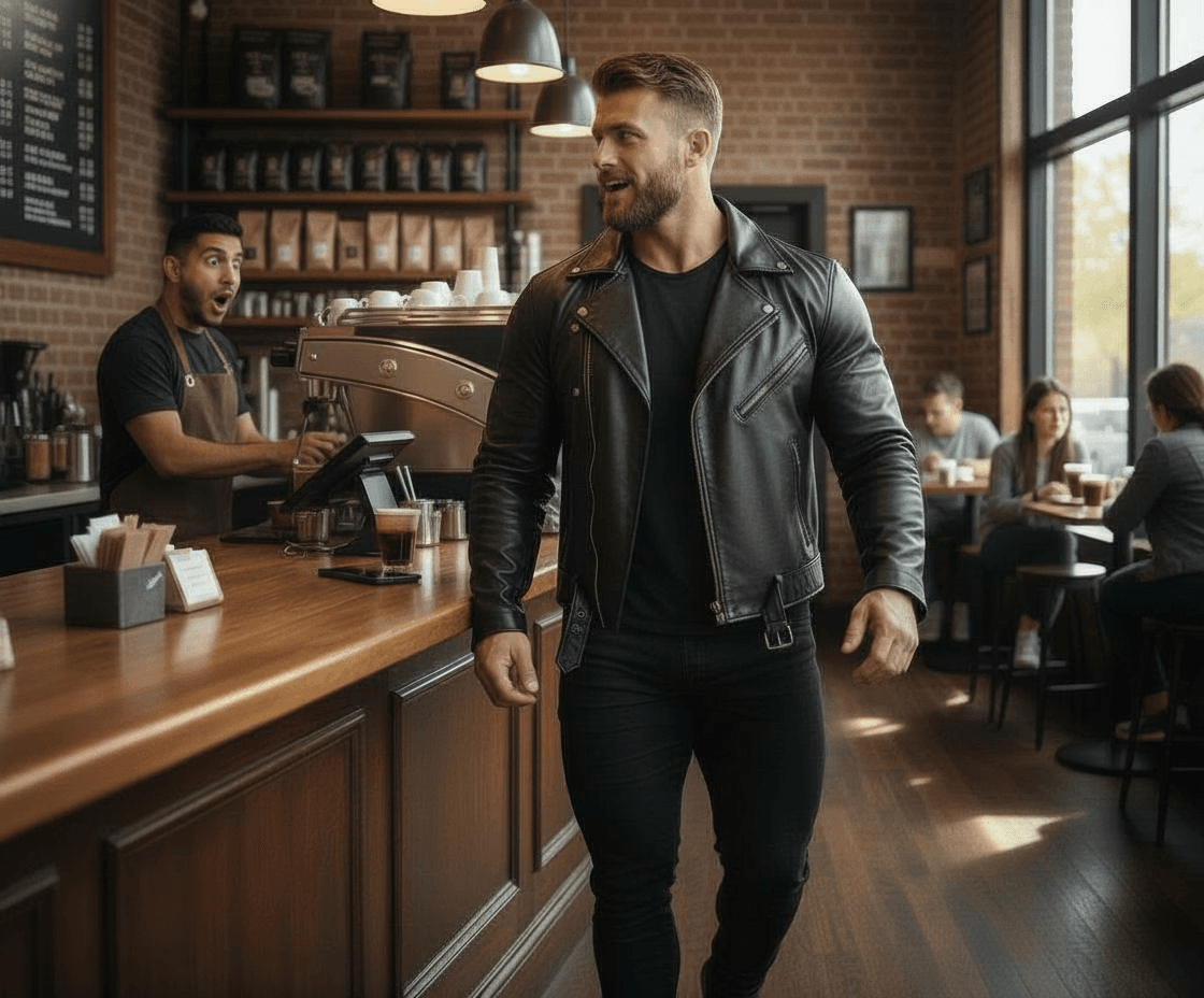 AI generated: change the barista for a handsome slim Hispanic guy. 