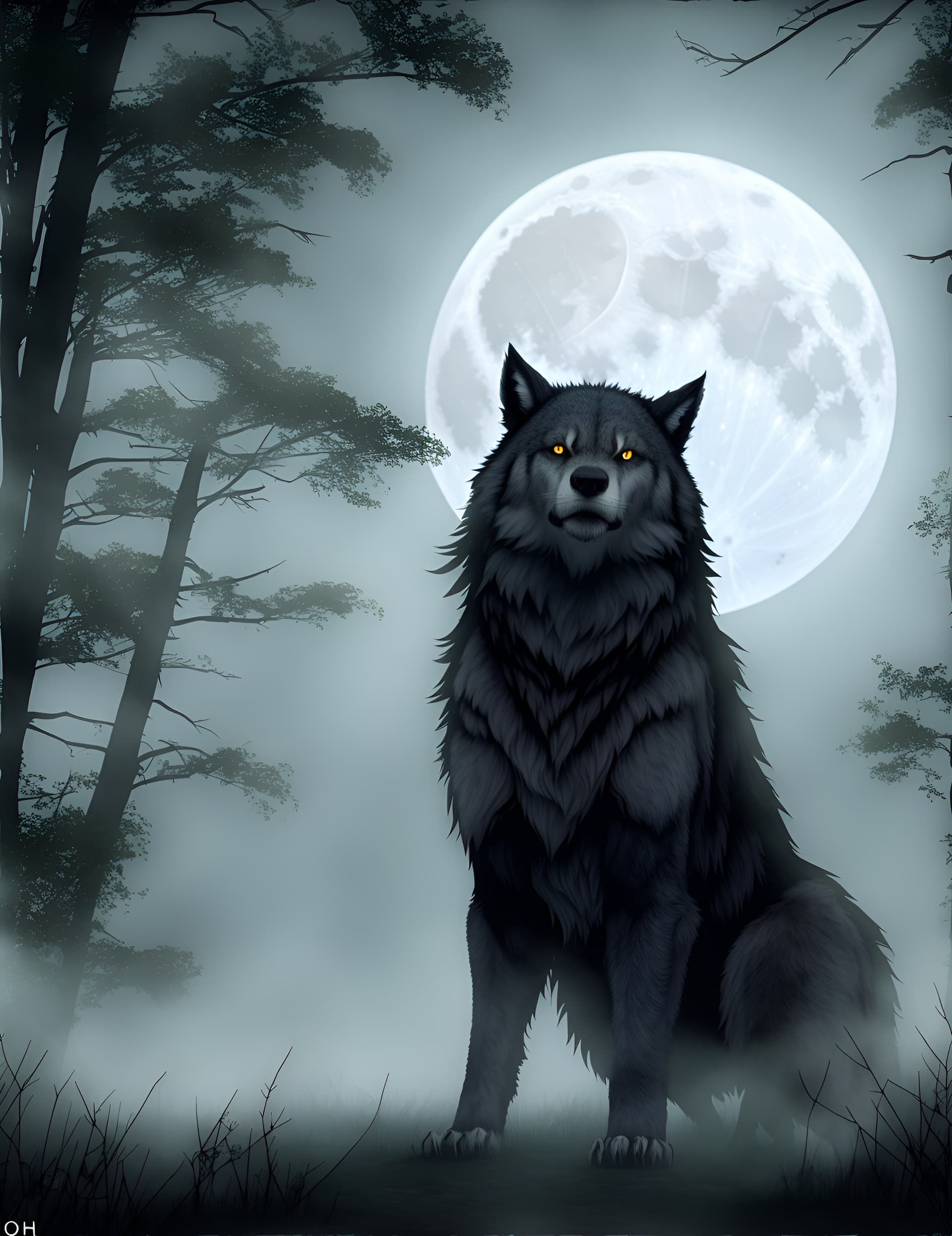 AI generated: As the full moon rises above the dark and foggy forest, a majestic werewolf stands tall, its fur gli...