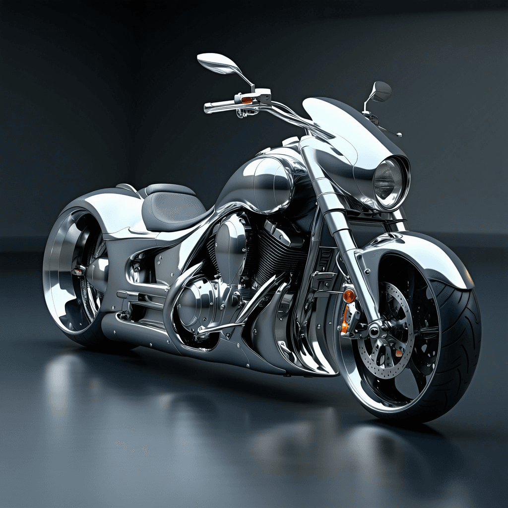 AI generated: A gleaming futuristic chopper motorcycle, vividly depicted in virtual reality, captures every sleek ...