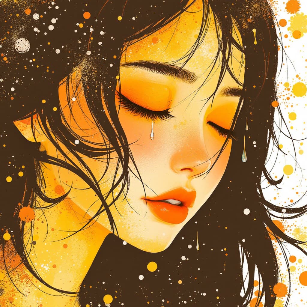 AI generated: a girl with dark auburn hair with eyes closed and a prominent single tear, in the style of the stars...
