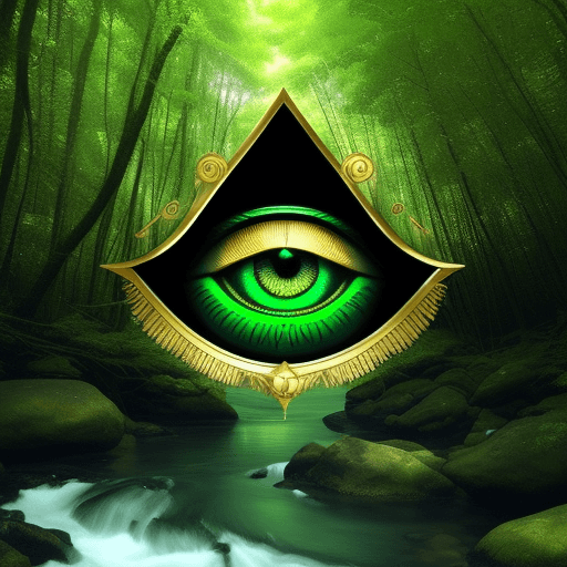 AI generated: nautical, all seeing eye of Horus, green and gold, river in the forest.