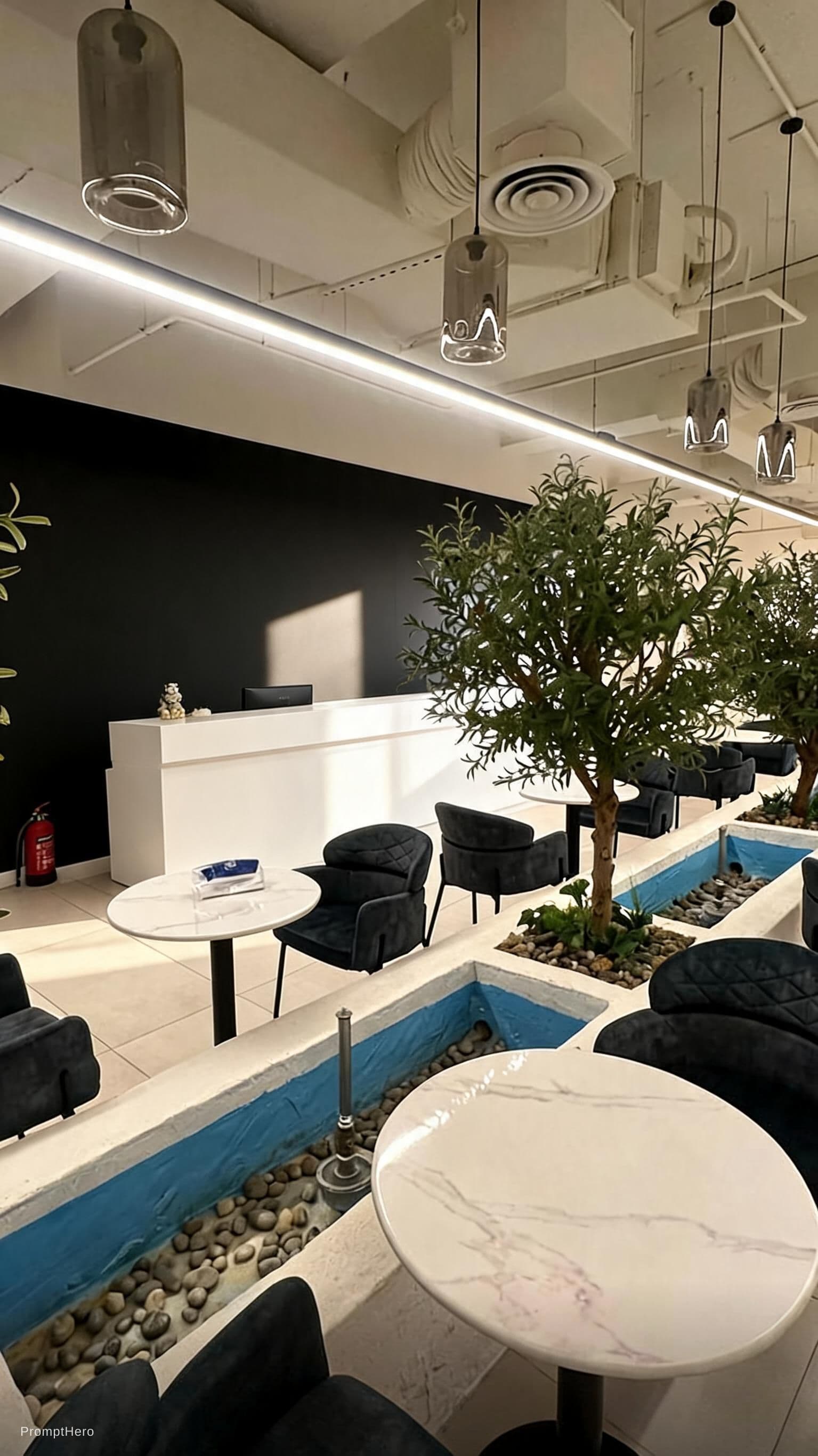 AI generated: casual reception area, desk with trendy pendant light, Nikon Z9, The backdrop is a sleek black wall,...