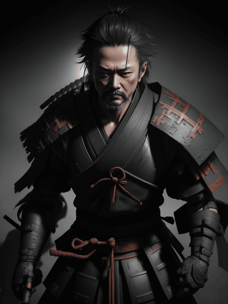 AI generated: 12th-century samurai in the style of Yoji Shinkawa, Volumetric light, hyperrealism, volumetric fog, ...
