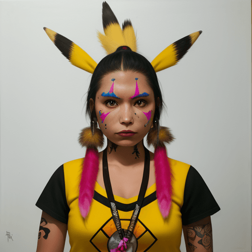 AI generated: hyper realistic photograph, portrait of a indigenous woman, future punk, full body

Pikachu cosplay,...