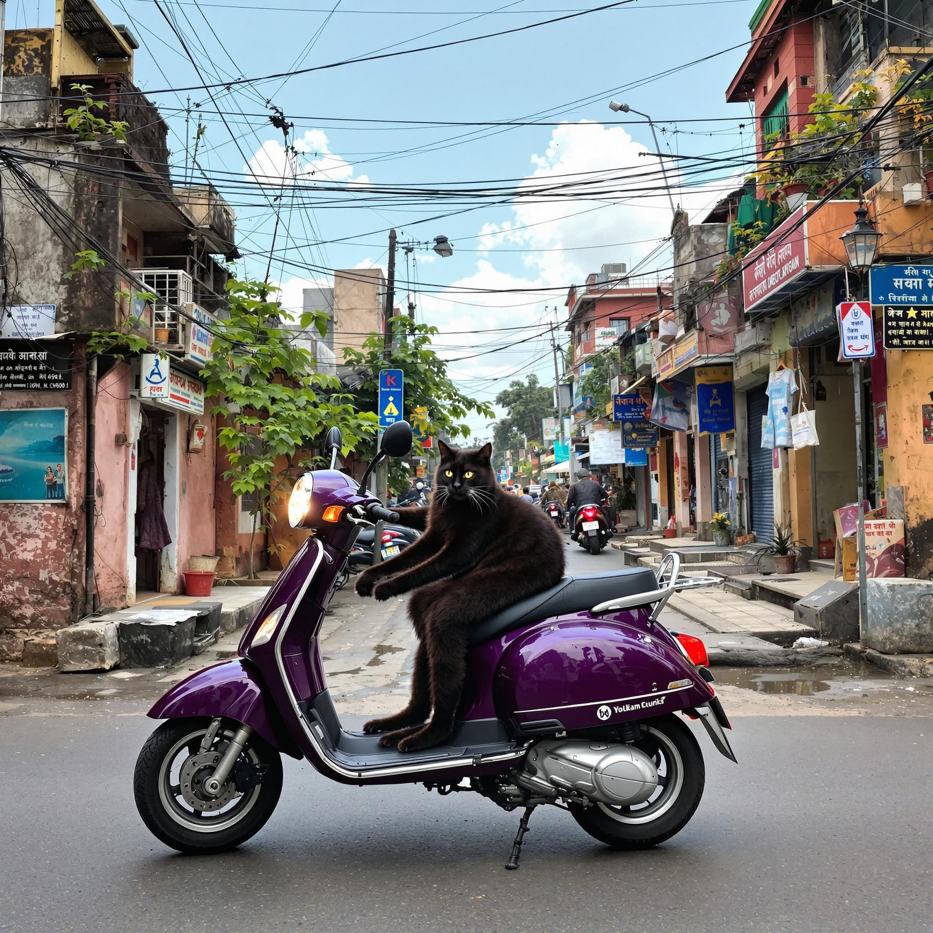 AI generated: A black cat driving a dark purple scooter in India