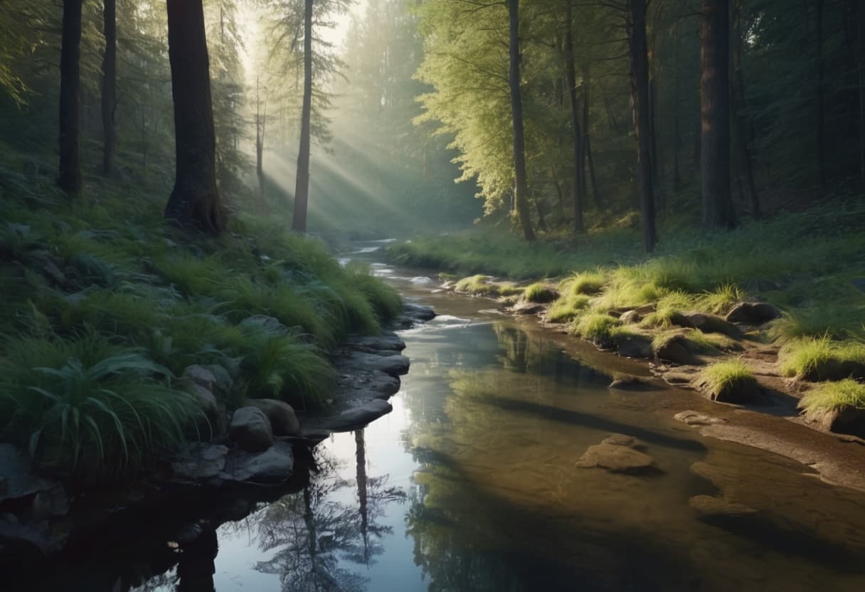 AI generated: Raw nature, A calm stream, in a forest, early morning, clear water, landscape photograph, volumetric...