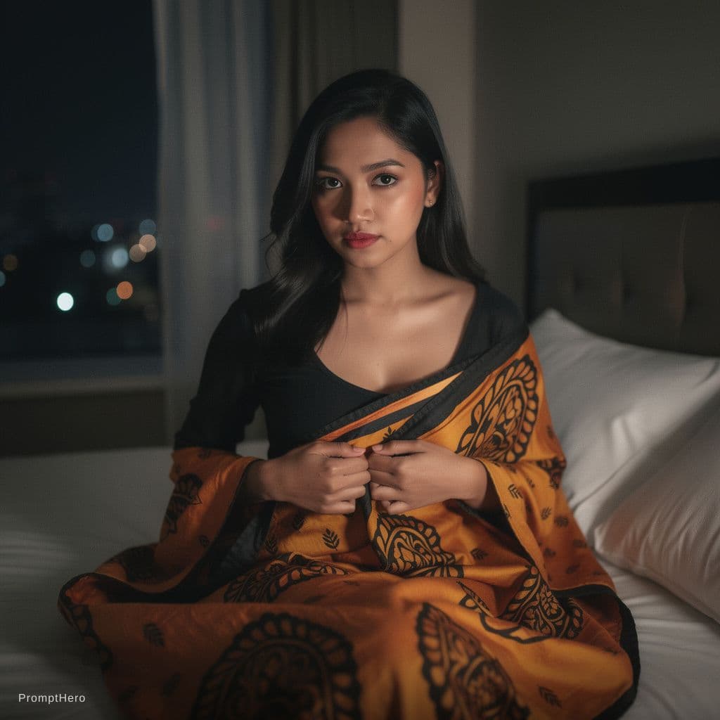 AI generated: Photorealistic smartphone front-camera selfie in a dark hotel room at night. An adult (21+) is sitti...