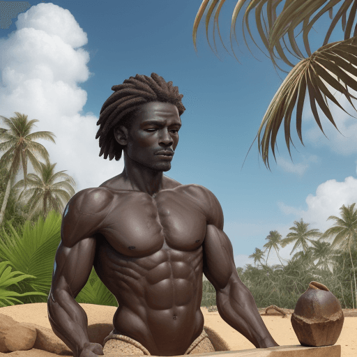 AI generated: a sculptor of africa origin , chiselled man , chiseling himself with a hammer , the lower half is a ...