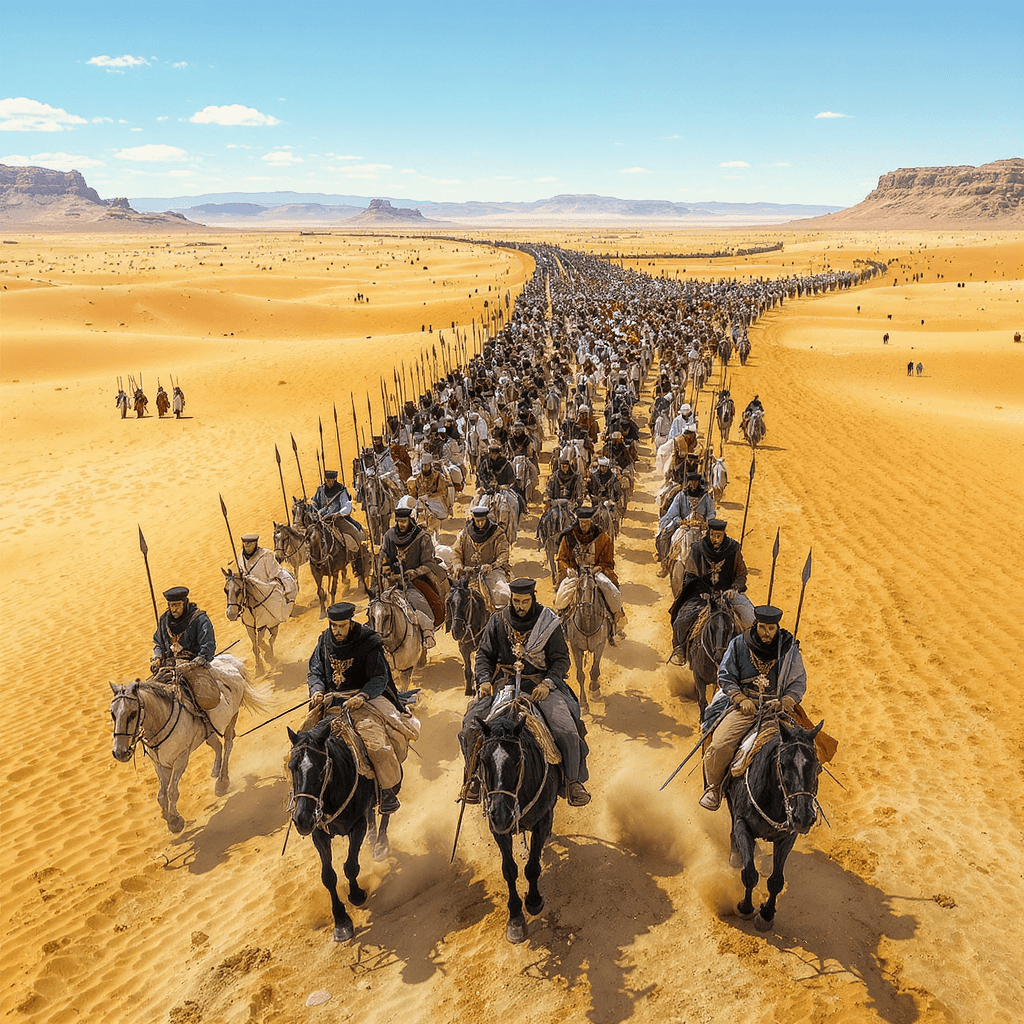 AI generated: Panoramic view from above: In the vast desert, a large army from Mecca marches in horizontal rows, a...
