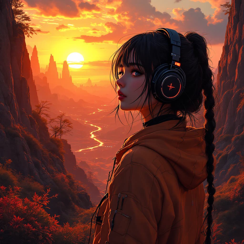 AI generated: Real girl with headphones in style , cyberpunk landscape with orange and black colour scheme in anim...