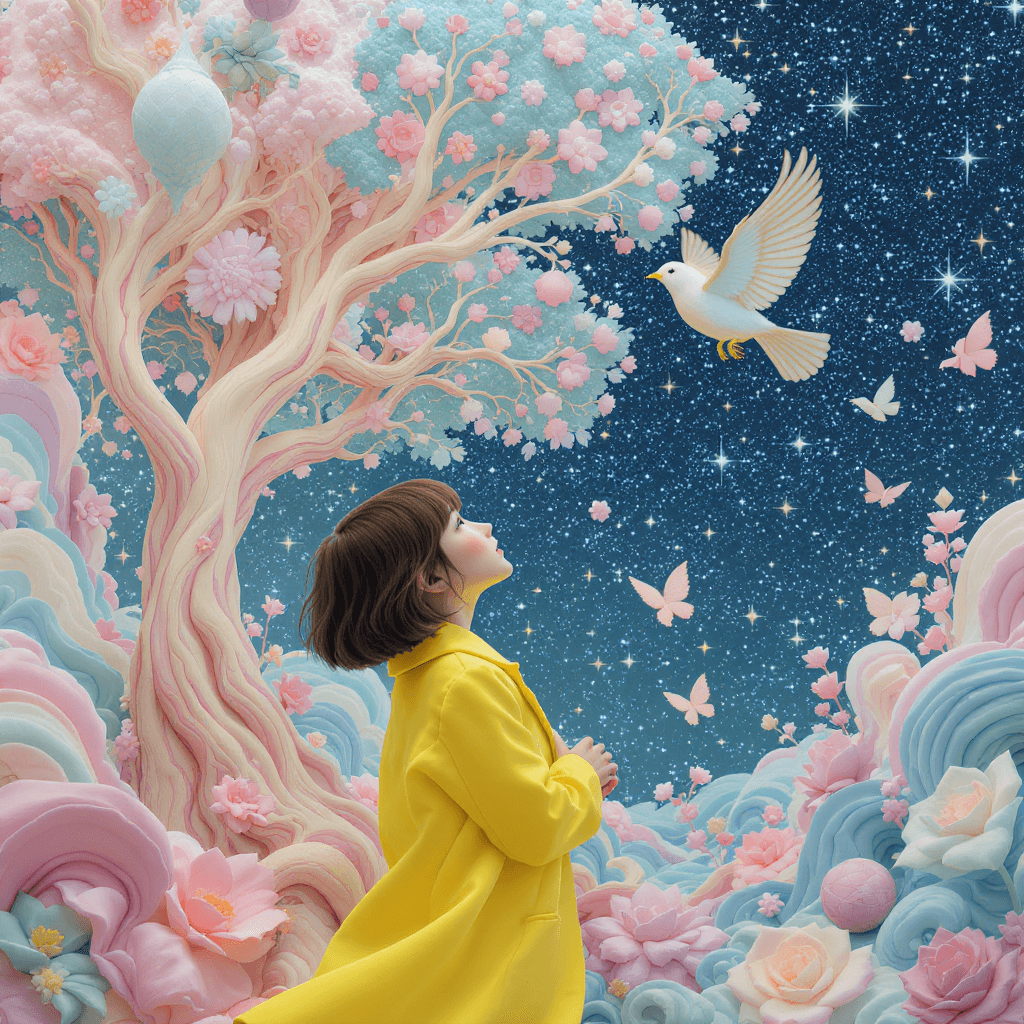 AI generated: A young girl, short brown hair, Asian, in a bright yellow coat gazes at a bird in an a mystical tree...