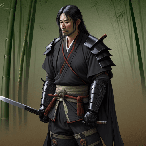 AI generated: A wide shot photo portrait of a wandering Japanese Ronin, resting in the clearing of a bamboo thicke...