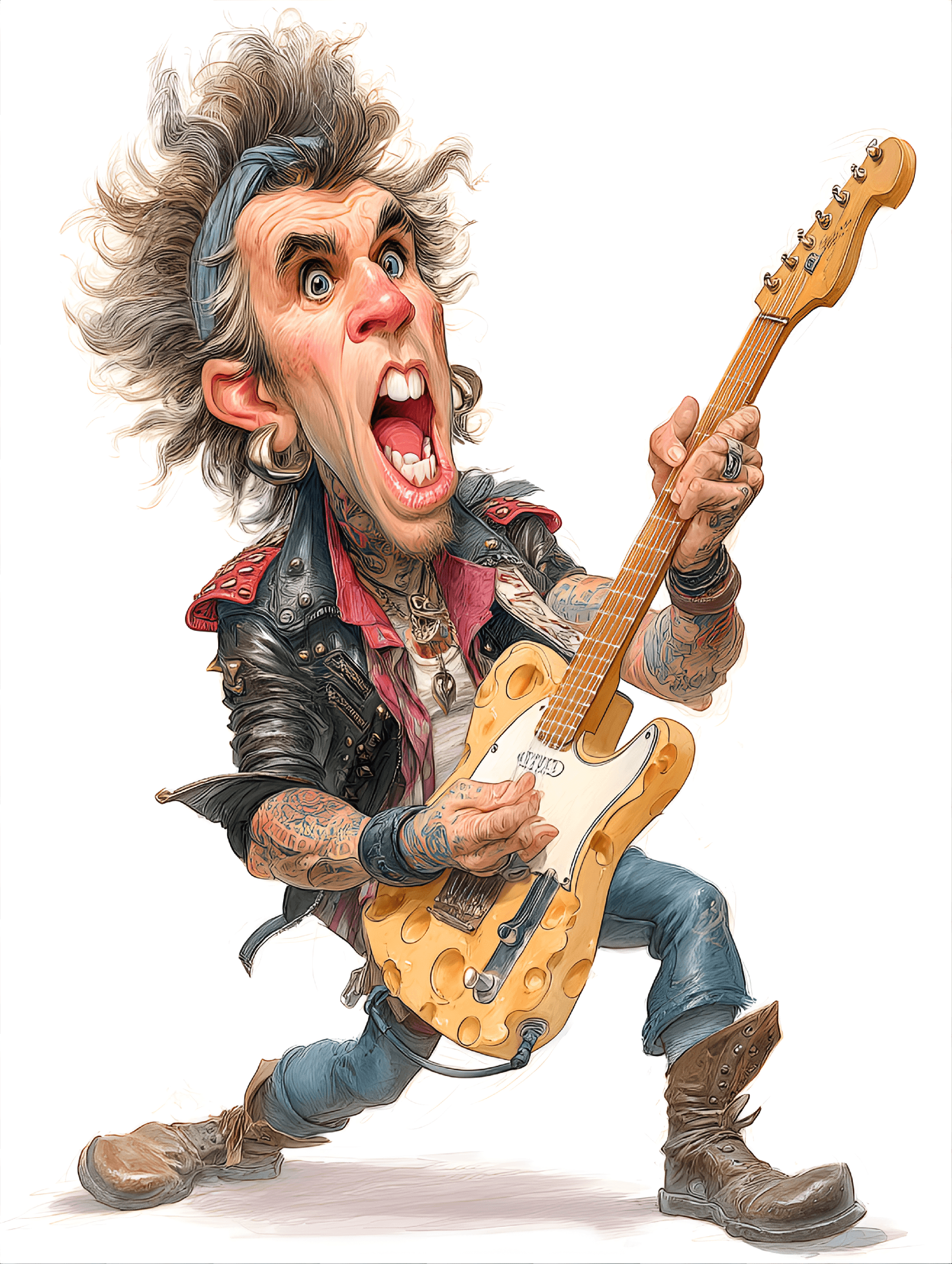 AI generated: funny caricature, rock star caricature, adult caucasian male, 27 years old, wild hair, tattooed arms...