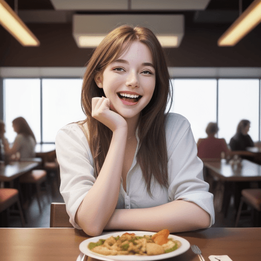 AI generated: unrealistic animated image of a happy girl waiting for a meal at a table to eat at a table